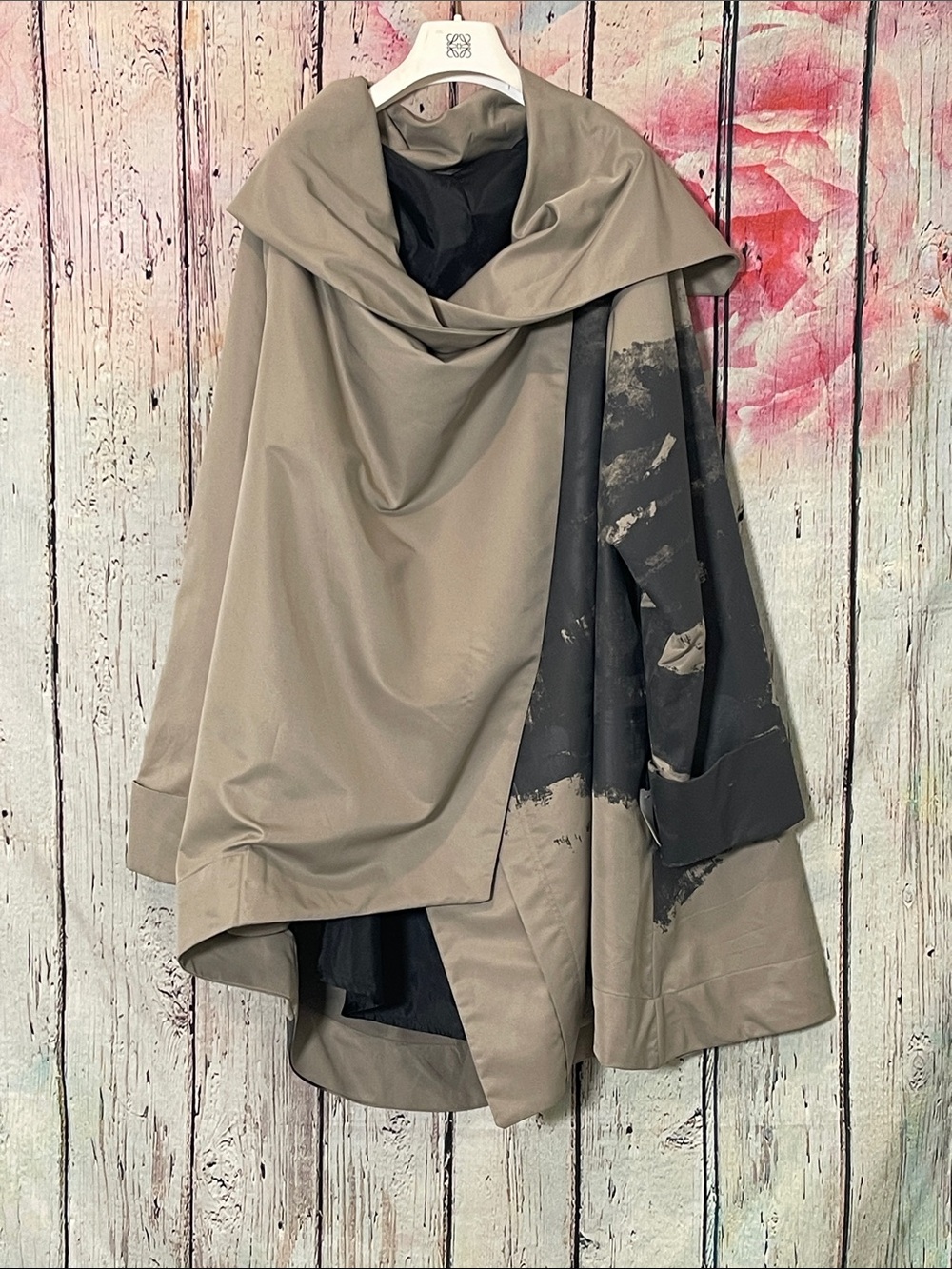 Moyuru Taupe and Black Asymmetric Draped Trench Coat